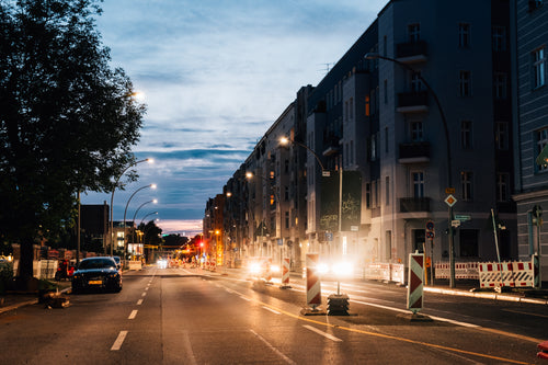 bright lights in urban street at night