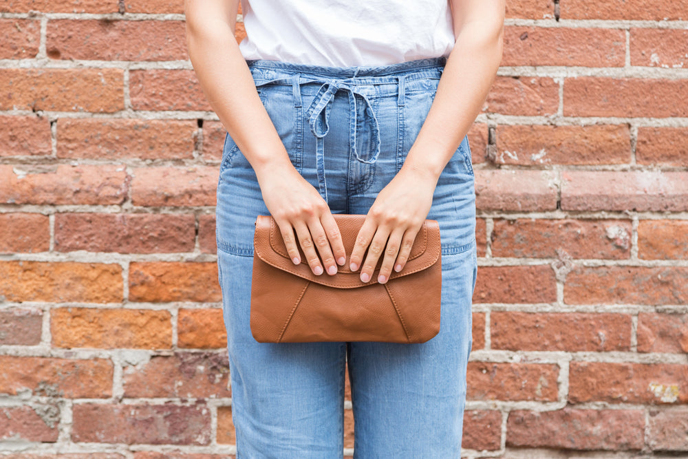 Brown Leather Bag On The Brick Wall Background, Vintage Style