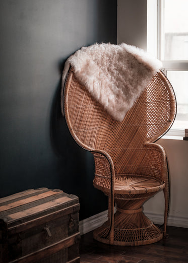brown wicker peacock chair on the corner of a room