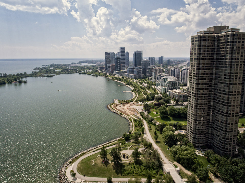 buildings park by water