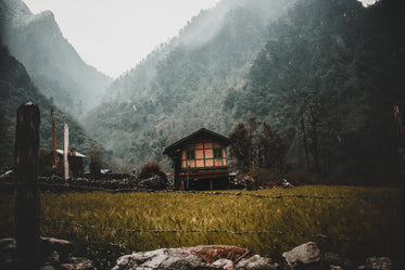 cabin with tall tree covered hills behind it