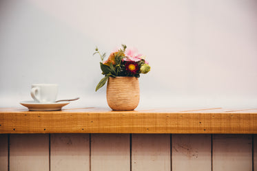 cafe window with cup and flowers