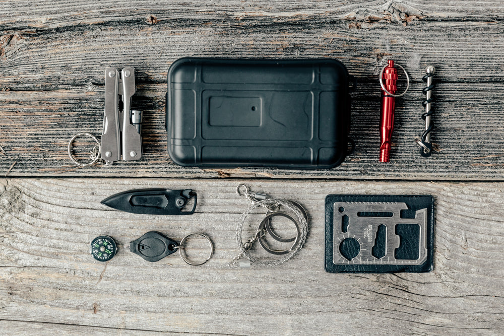 camping pocket survival kit flatlay