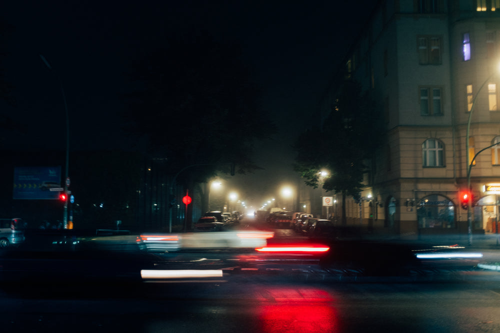 car streaks and street lamps