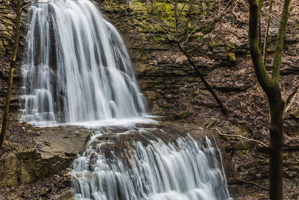 cascading waterfall flowing over slate in mossy forest