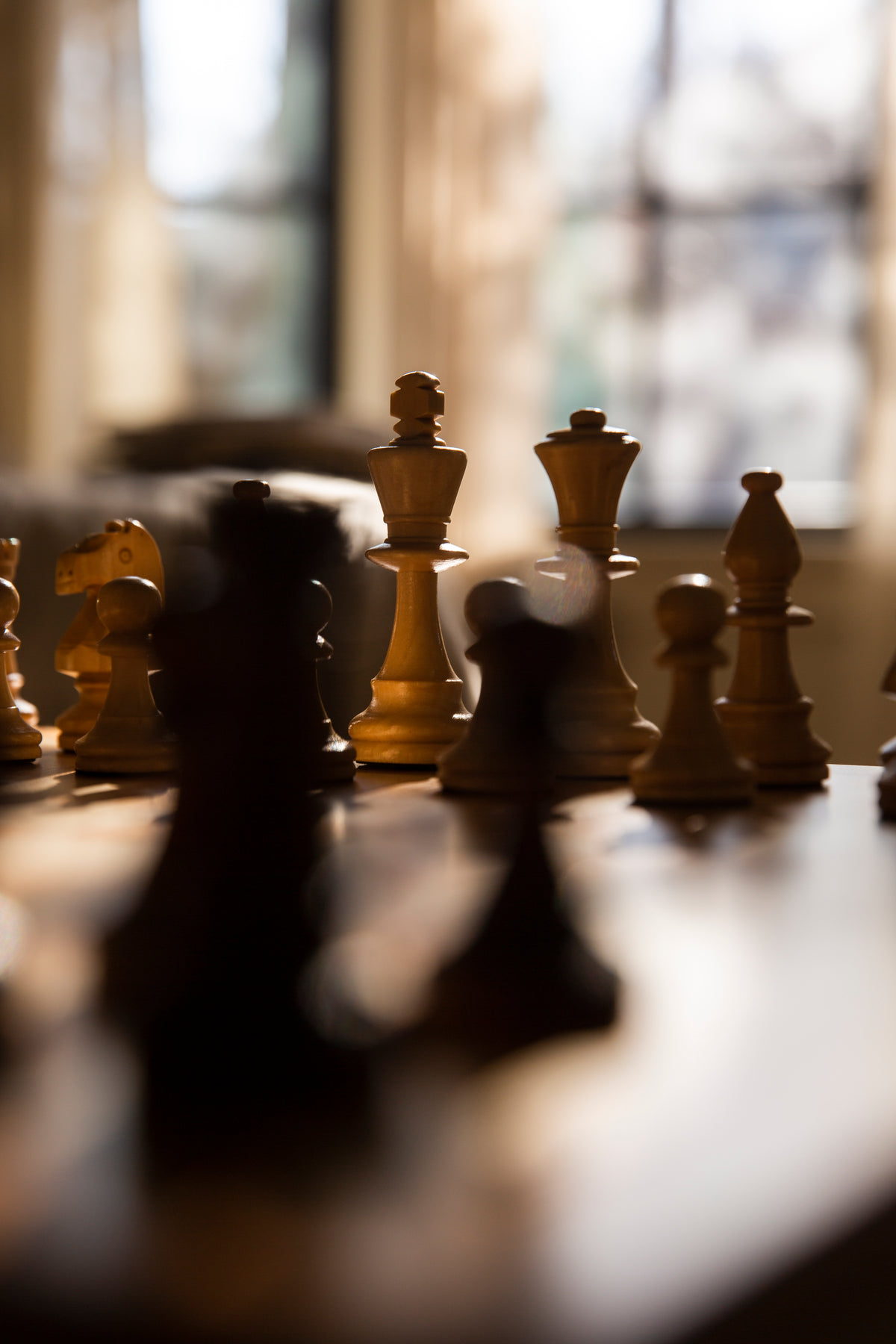 chess pieces in focus on a wooden chess board