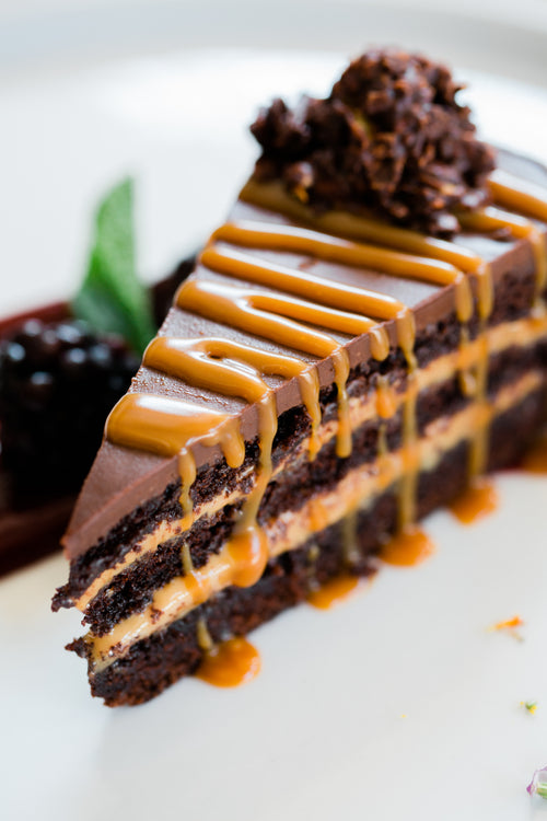 chocolate cake with toffee sauced drizzled over