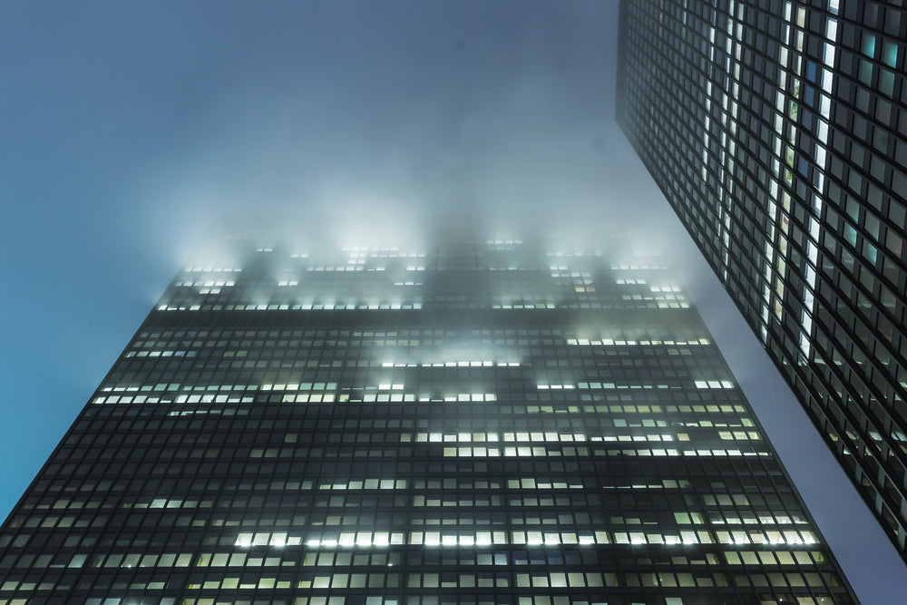 city office building with fog