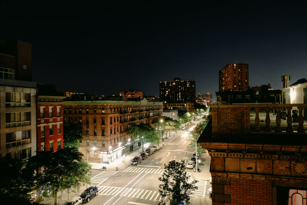 city streetlights glow at night