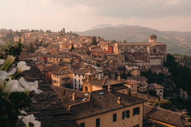 city view of terracotta rooftops and rolling hills