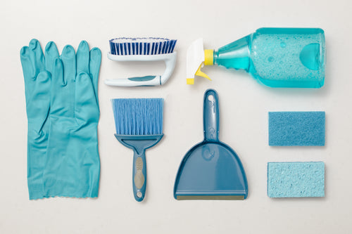 cleaning blue knolling flatlay