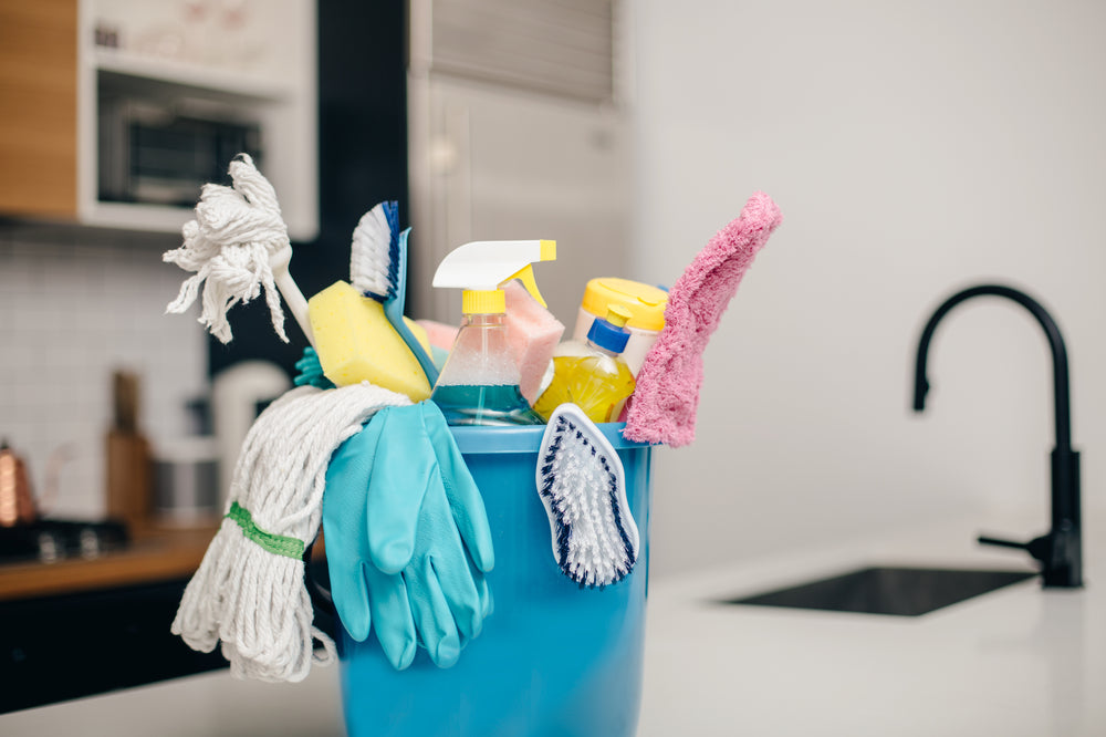 cleaning supply bucket kitchen counter