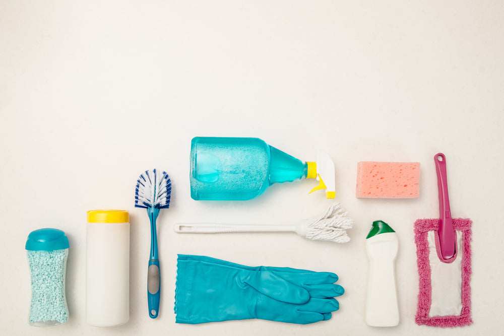 cleaning supply flatlay white