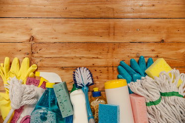 cleaning supply wood flatlay