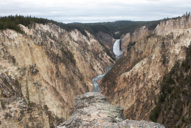 cliff top view of river valley and waterfall