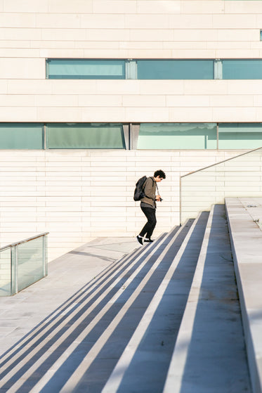 climbing the steps without a care