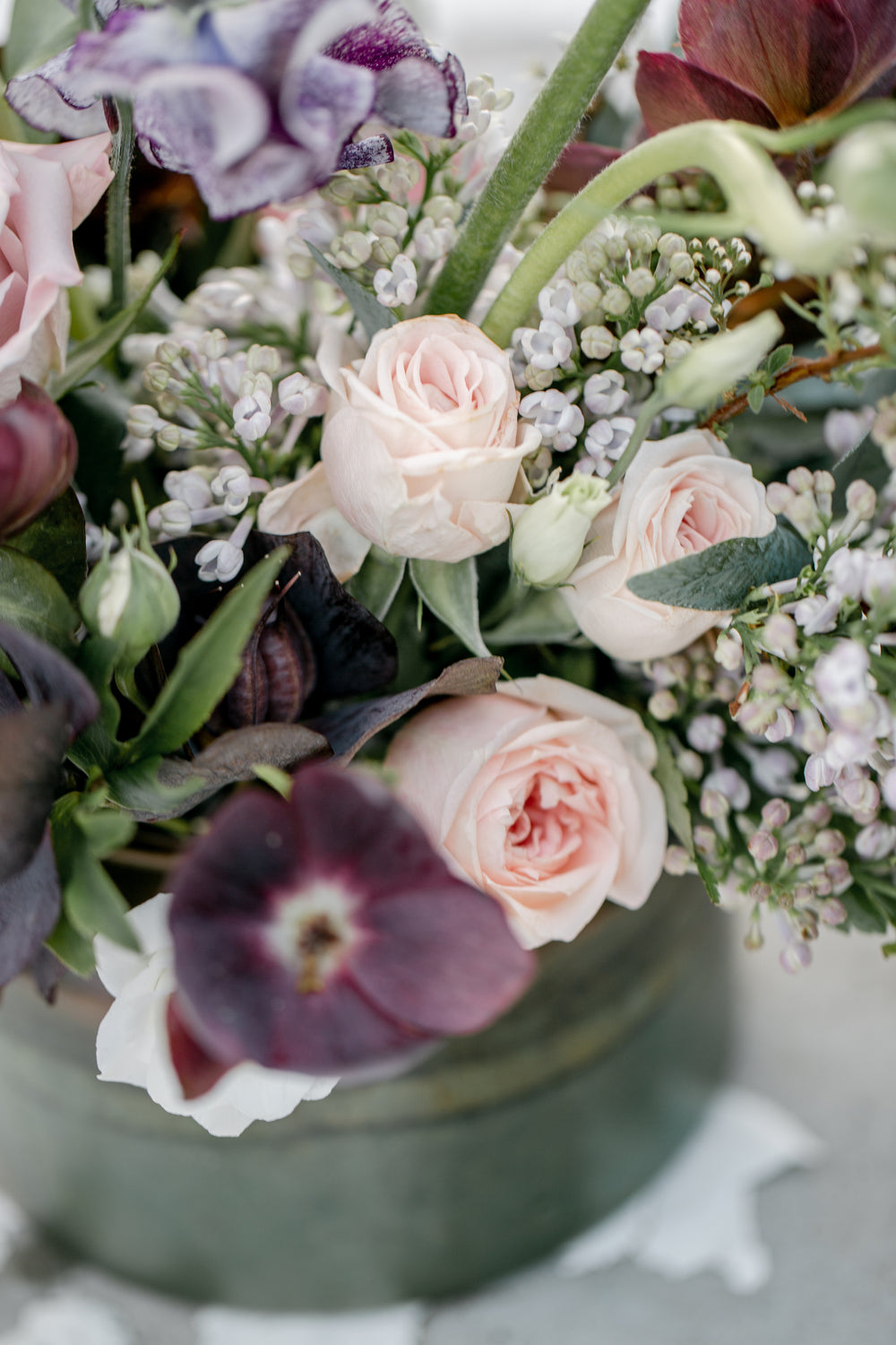 close up bouquet of pink and purple