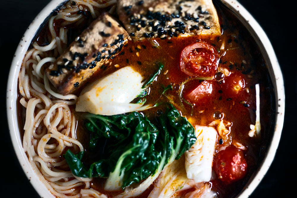 close up of hot noodle soup