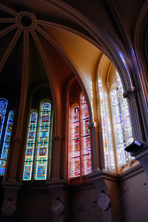close up of interior stained glass windows