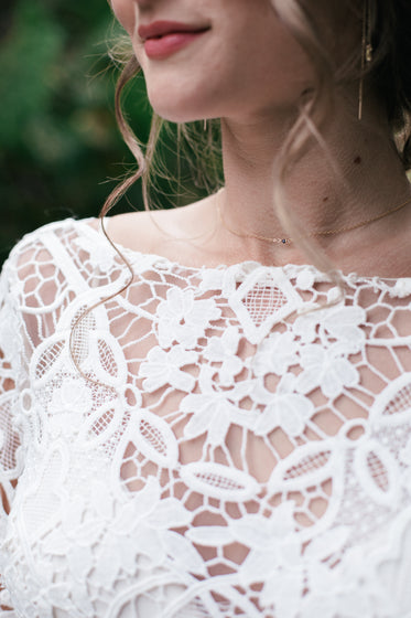 close up of lace wedding dress detail