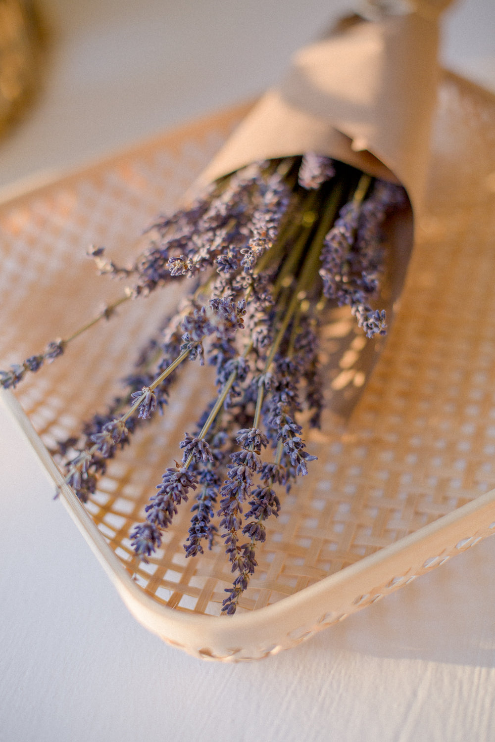 close up of lavender wrapped in brown paper