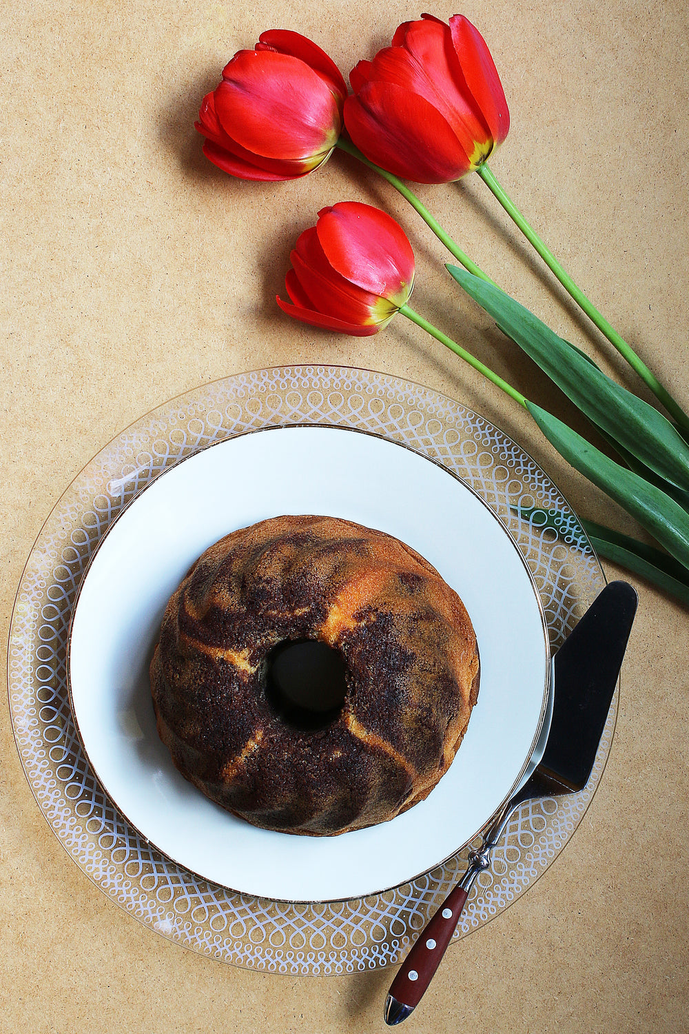 coffee cake plated with flowers