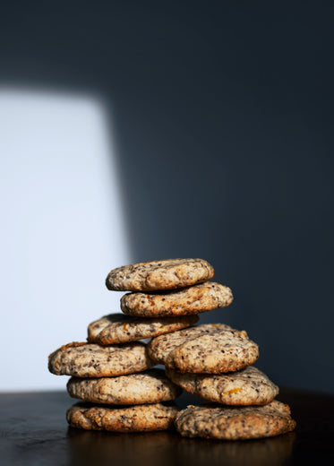 cookie towers stacked on a wooden table