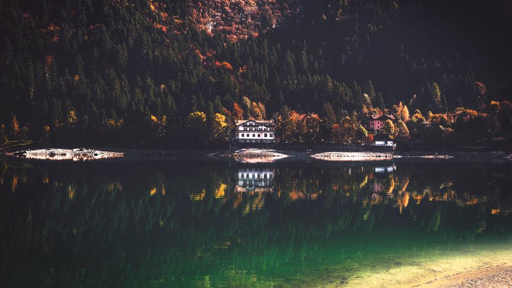 cottages and reflections on a lake