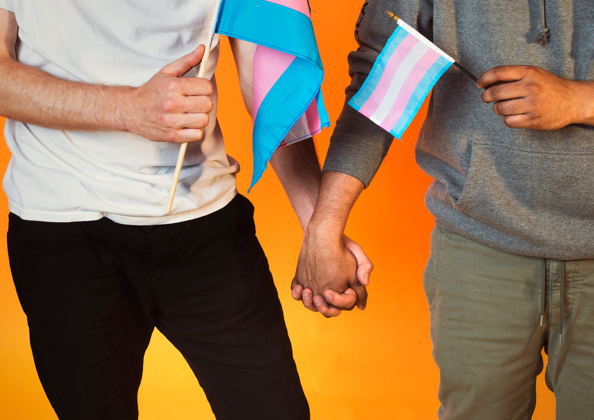 couple holding hands with trans pride flags