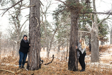 couple laughing in the winter scenery