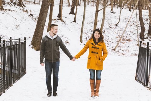 couple takes a winter walk