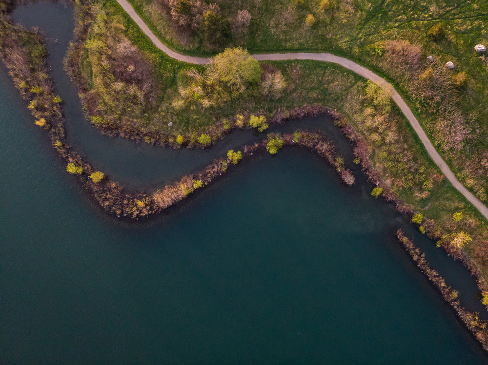 curvy shoreline with gravel path