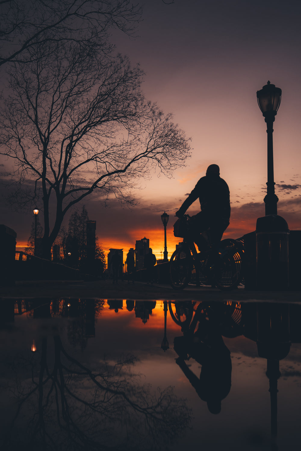 cycling reflects at sunset