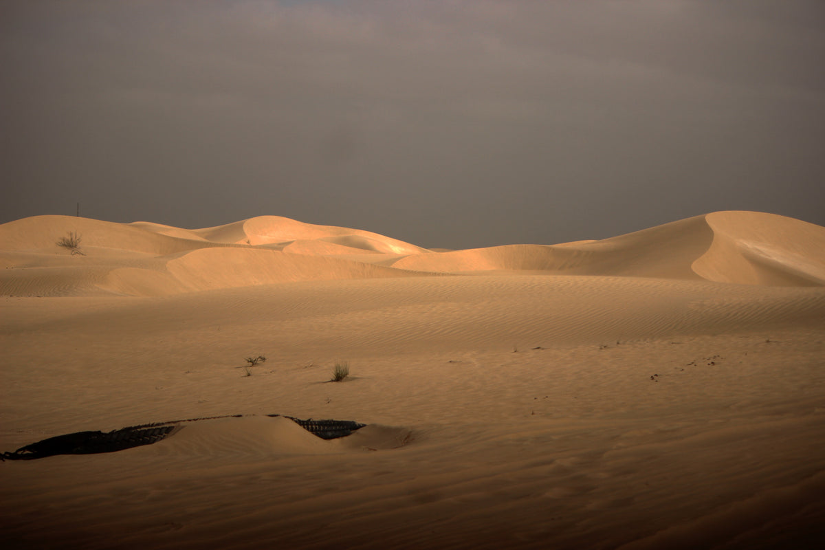 desert sand dunes against a stormy sky