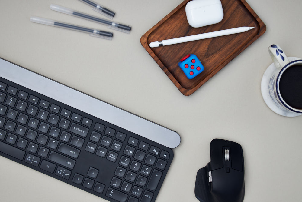 desk flat lay complete with coffee