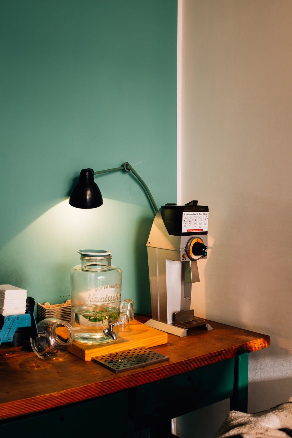 desk in teal and white room