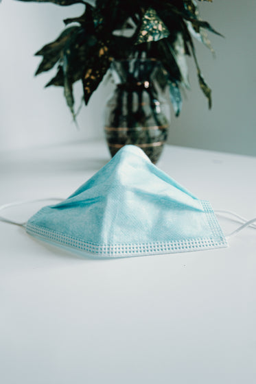 disposable face mask sits on table