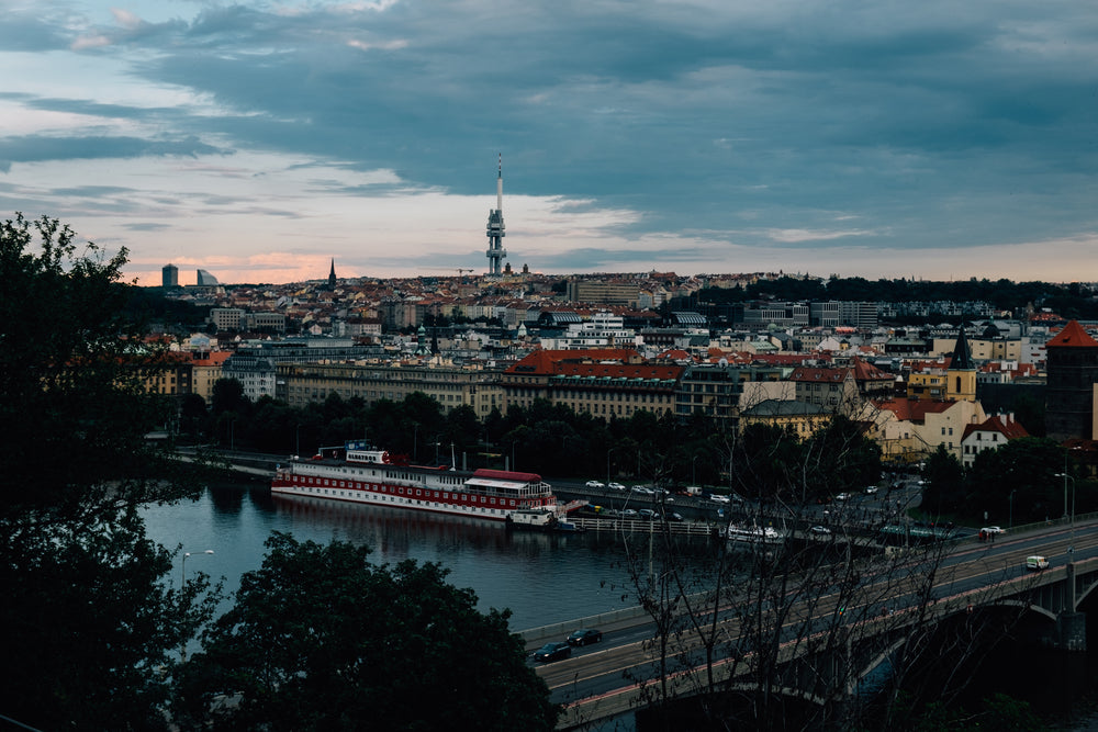 distant view of a city by a river