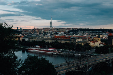 distant view of a city by a river