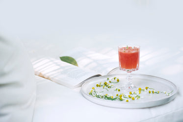 drink on a plate with a book behind it