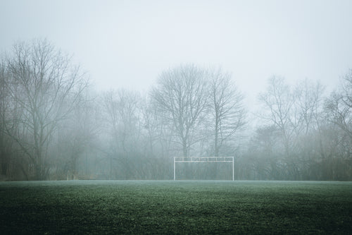 eerie view of one side of a soccer field
