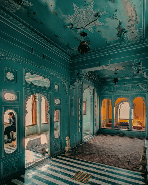 elaborate building interior with light teal walls