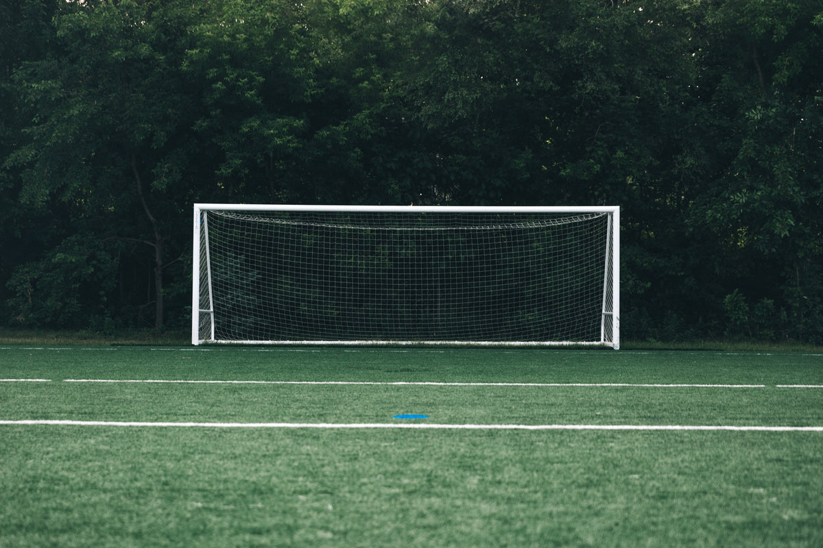 empty soccer net in front of forest