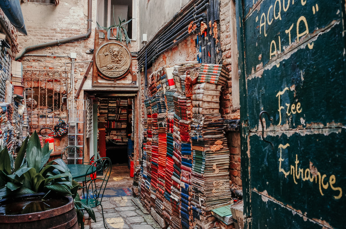 entrance to a bookstore with a wall lined with books