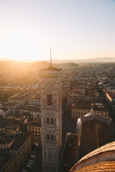 european church tower at sunset