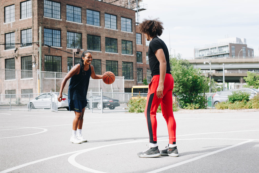 exchanging smiles on the basketball court