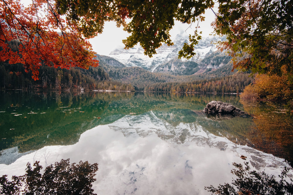 fall view of a lake with white capped mountains