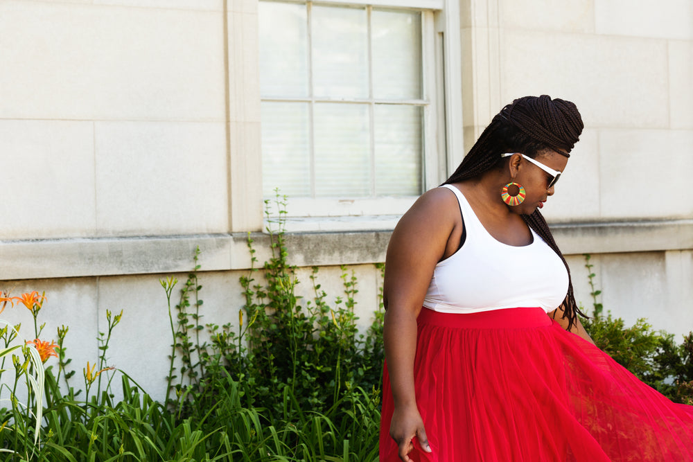 female fashion model with red skirt