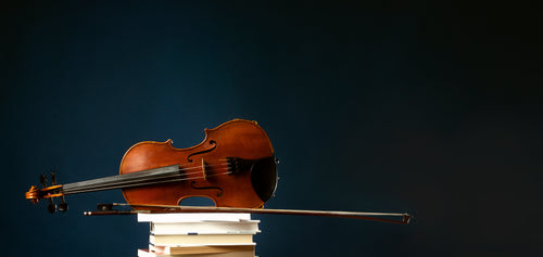 fiddle and bow on stack of books