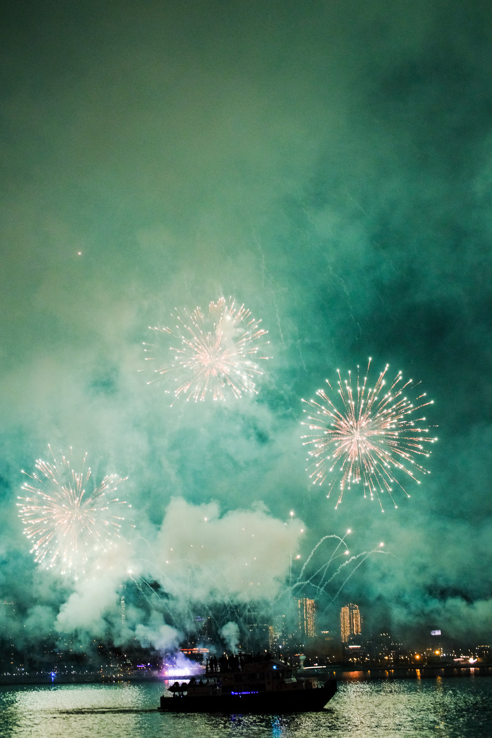 fireworks over city harbor